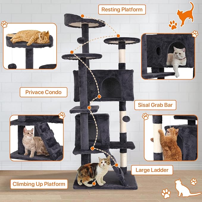 70 Inch Light Gray Cat Tree, Tall Cat Tower with 2 Condos, 3 Scratching Posts, Multi-Level Platforms - Sturdy Climbing Structure Tall Cat Tower for Indoor Cats