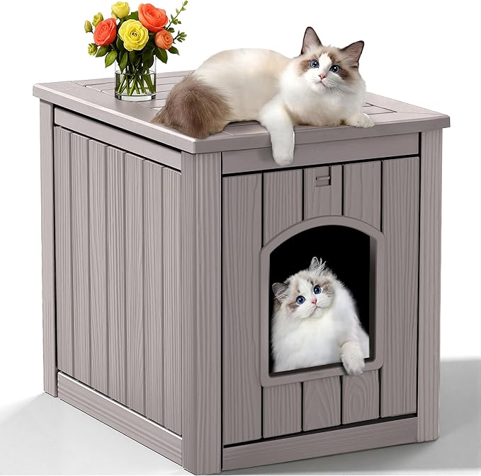 Cat Litter Box Enclosure, Multi-Functional Hidden Litter Box Furniture & Indoor Outdoor Cat House with Side Table Design, Openable Front Door & Raised Floor, Easy to Clean & Assemble, Grey