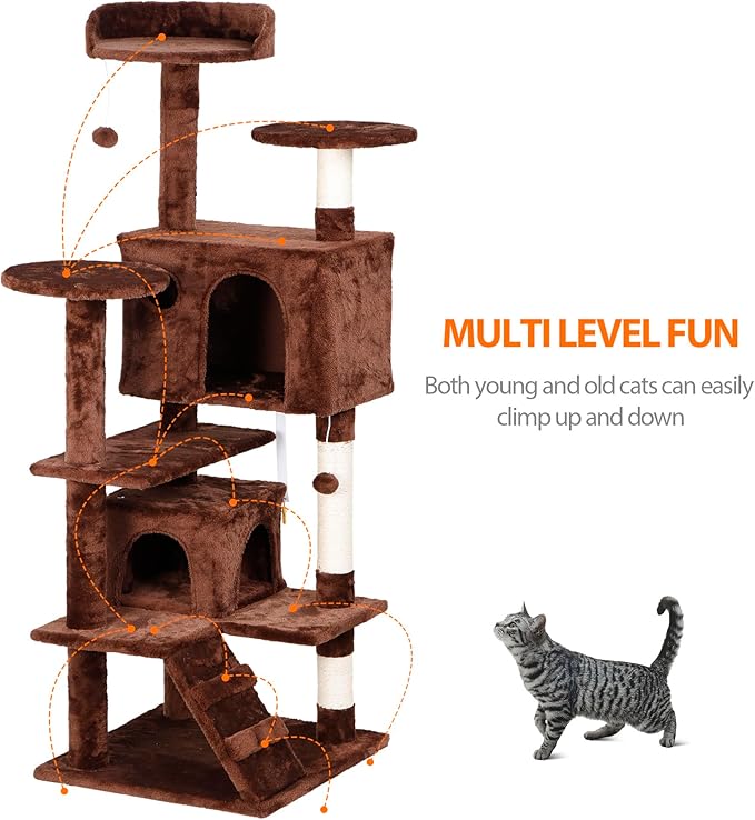 54-Inch Cat Tree for Large Cats, Sturdy Multi-Level Cat Tower with 2 Condos, Hanging Ball and Sisal Scratching Posts, Durable Cat Furniture for Indoor Cats (Brown)