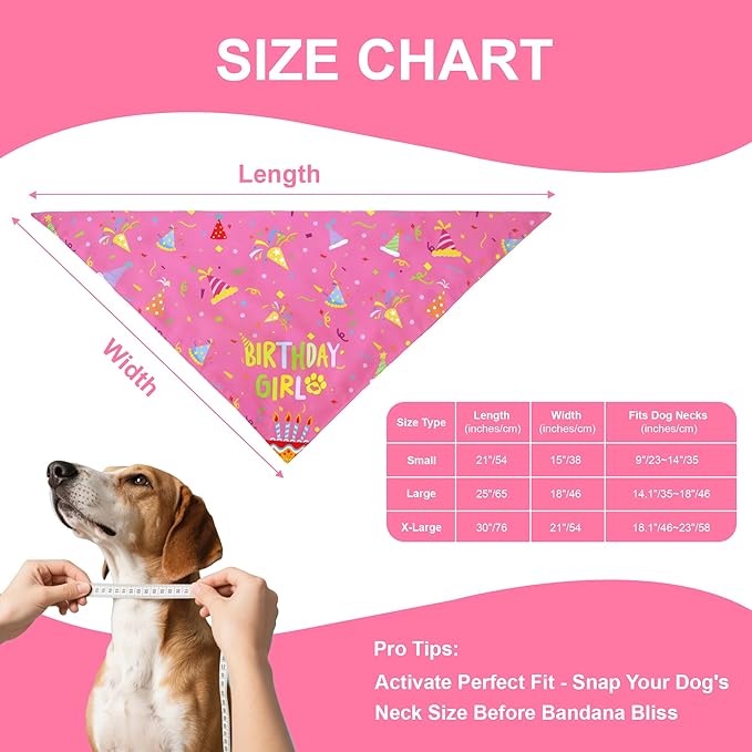 Dog Birthday Bandana Girl for Large X-Large Dogs, Reversible 2 Patterns in 1, Pink Confetti Scarf, Happy Birthday Party Outfit Puppy Gift (18-23" Neck)