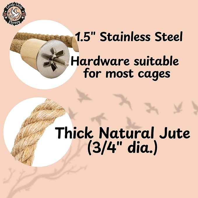 Bird Rope Perch for Parrots, Bendable Natural Jute Boing with Pine Wood and Stainless Steel Mount, Cotton Alternative, Cage Accessory for Parrots (Brown, 4 feet)