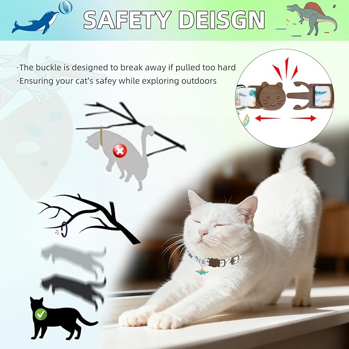 PUPTECK Breakaway Cute Cat Collar with Bell Charm, 2 Packs Adjustable Kitty Collars Animals Pattern, Blue&White, 7.8-11.8 in