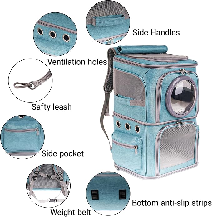 2-in-1 Pet Carrier Backpack for Two Cats or One Dog, Green Double-Layer 2 Compartment Carry Bag to Transport Small Animals Traveling and Hiking, Space Capsule Clear Bubble Dome