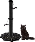 Gothic Cat Scratching Post with Spider Dangling Toys for Indoor Large Cats, Halloween Spooky Cat Scratcher,Activity Cat Play Center Cat Tree Tower Furniture with Cobweb Base,Black,Large