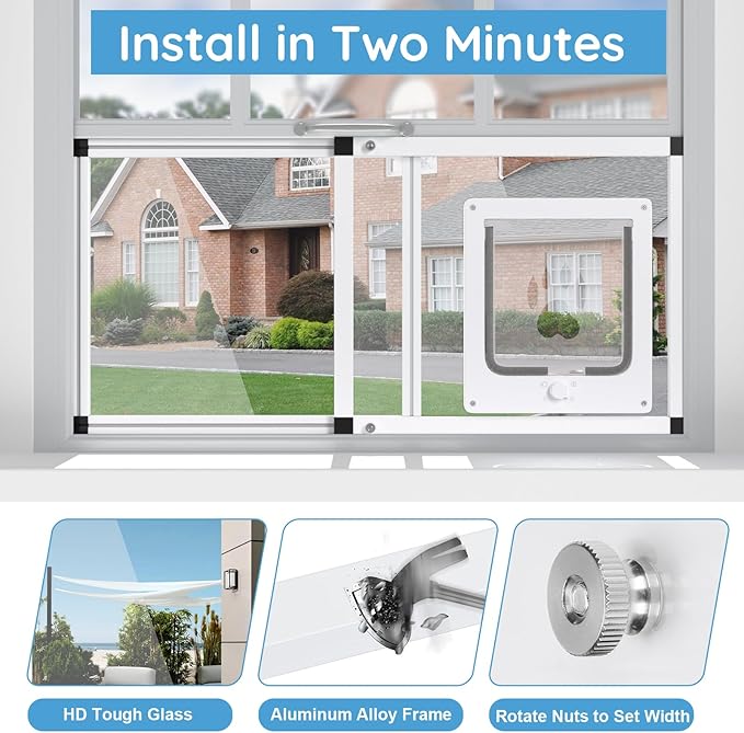 Sliding Cat Door for Window, Fits 28.5"-32" Width Window, 2-Min Install | Aluminum Frame + HD Glass | Weatherproof Design | Magnetic Closure Window Cat Door Insert, Adjustable Pet Door Window for Cats