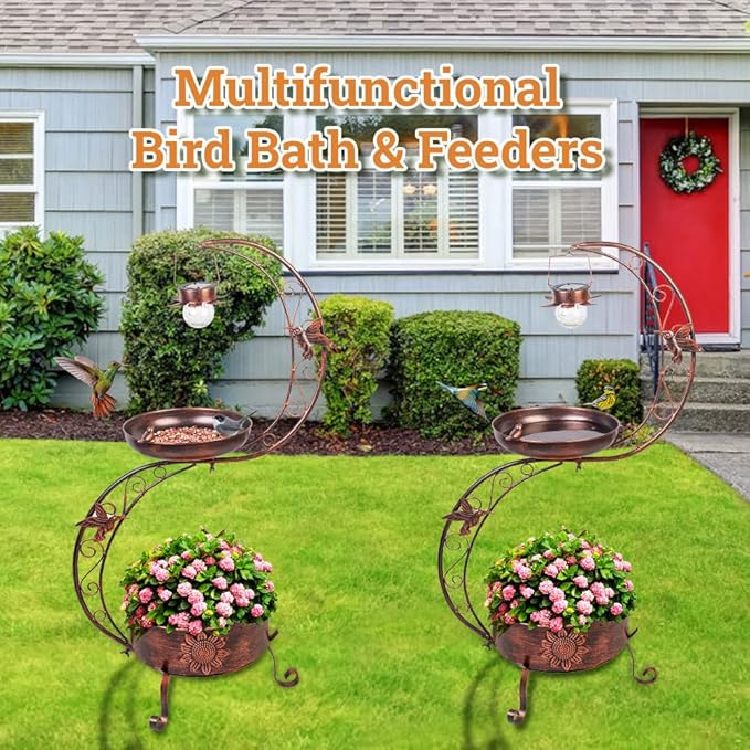 VEWOGARDEN S Bird Baths for Outdoors Metal Standing Bird Bath with Solar Lamp Vintage Garden Birdbaths with Flower Planter Pedestal(36" H * 19.6" W)