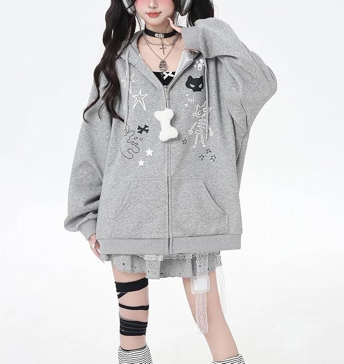 Womens Y2K Zip Up Cute Graphic Hoodies Cat Ears Casual Cartoon Harajuku Kawaii Clothes Oversize Streetwear Jacket