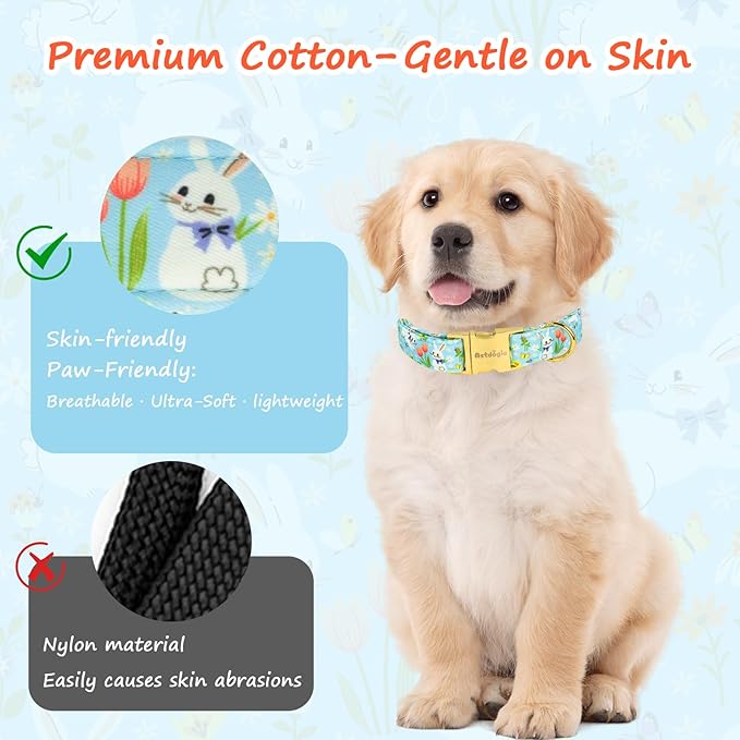 Easter Dog Collar for Medium Dogs, Easter & Spring Theme Medium Dog Collar with Cute White Bunny Pattern, Adjustable Blue Easter Dog Collars Girl Boy Collar for Dogs -M