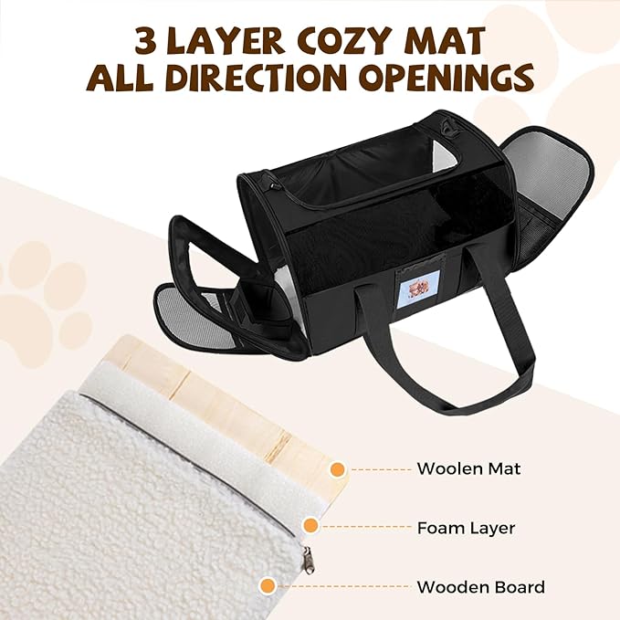 Soft Cat Carrier for Pets Up to 15 lbs, TSA Approved for Airline in-Cabin, Cat Travel Bag with Detachable Cat Food Bowl, Pet Carriers for Small Dogs, Waterproof Travel Puppy Carry, Black