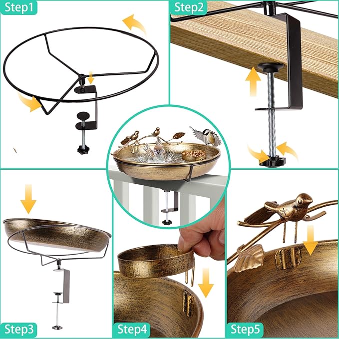 Metal Deck Mounted Bird Bath - 12 Inch Bronze Color Bird Bath for Outdoor with Small Bird Feeder and Decor Branch - Attracts Hummingbirds, Cardinals, Finches