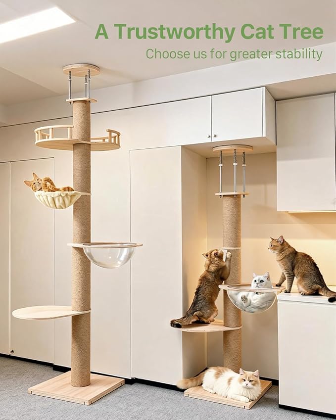Floor to Ceiling Cat Tree, Adjustable Height (55-115in), 4 Level Tall Cat Tree Tower, Cats Activity Center with Scratching Post, Jump Platform, Hammock & Capsule, Space-Saving Design for Indoor Cats