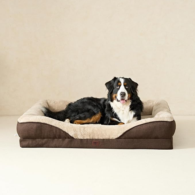 EHEYCIGA Orthopedic Dog Bed for Medium Dog, 35x22x6.5 Inch Memory Foam Dog Couch Bed with Sides, Waterproof Liner & Washable Removable Cover, Bolster Pet Sofa, Brown