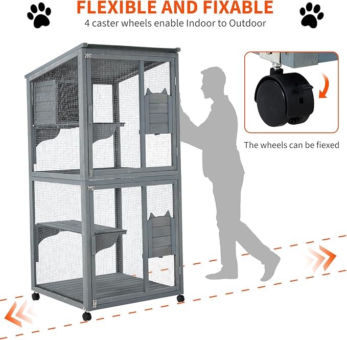 69-Inch Catio, Wooden Cat Enclosure, 4-Tier Cat House w/Waterproof Roof, Removable Tray, Nesting Box and Lockable Caster, Indoor and Outdoor Use, Easy to Clean, Multiple Accesses, Grey