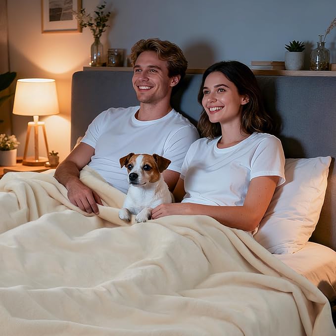 LOOBANI Waterproof Blanket for Bed: Reversible Soft Flannel King Size Bed Blanket 85" x 108", Waterproof Dog Blankets for Large Dogs, Spill-Proof Cover for Furniture Protection, Movie Time, Beige