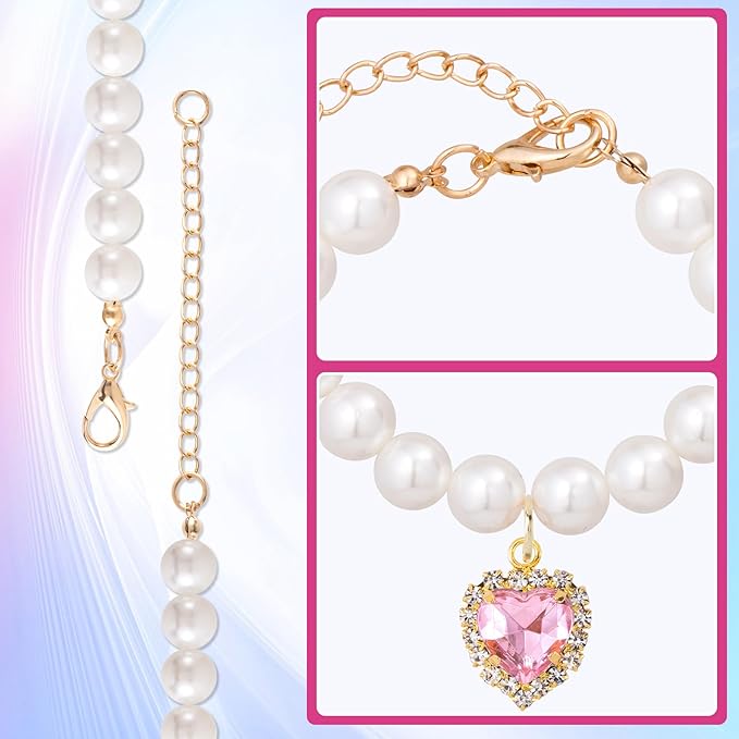 2pcs Cat Pearl Collar with Heart Pendant, Cute Pearl Pet Necklace in Small, Adjustable Wedding Party Small Dog Jewelry Accessories for Puppy Kitten- Pink & Purple