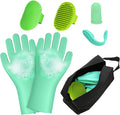 7PCS Dog Washing Gloves | Dog Bath Brush | Storage Bag | Dog Finger Toothbrush for Short & Long Haired Dogs & Cats | Efficient Deshedding Bathing & Massaging, Suitable for Pets (Sage Green)