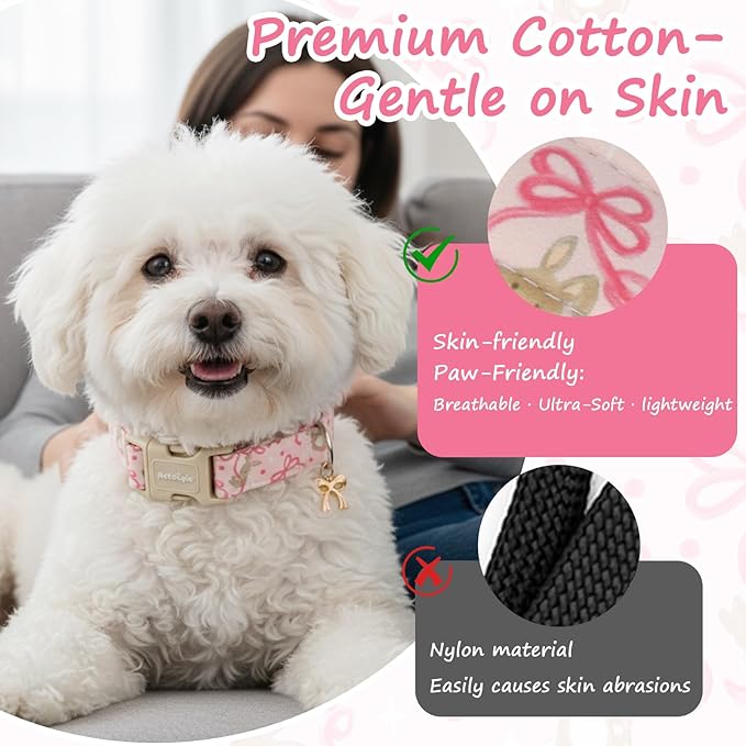 Easter Dog Collar, Spring Pink Dog Collar with Pink Bow & Rabbit, Adjustable Cotton Puppy Collars Girl Boy Collar for Small Medium Large Dogs -L