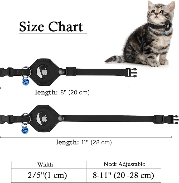 Breakaway Airtag Cat Collar with Removable Bell - Leather Pet Collar with Apple Air Tag Holder - Adjustable GPS Collars for Girl Boy Cats Kitten Puppy - Lightweight, Cute and Comfortable (Black)
