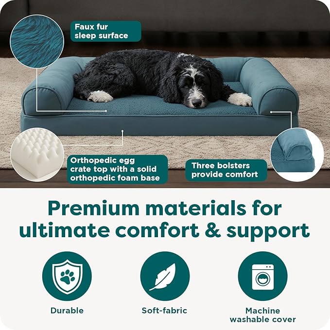 FurHaven Orthopedic Dog Bed for Large Dogs, Sofa Contour Mattress with Egg Crate with a Solid Orthopedic Foam Base for Joint Support, Removable Washable Cover, Large, Plush & Suede, Deep Pool