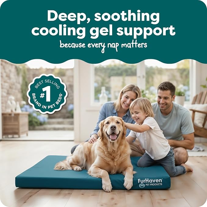 Furhaven Water-Resistant Cooling Gel Dog Bed for Large Dogs w/ Removable Washable Cover, For Dogs Up to 95 lbs - Indoor/Outdoor Logo Print Oxford Polycanvas Mattress - Deep Lagoon, Jumbo/XL