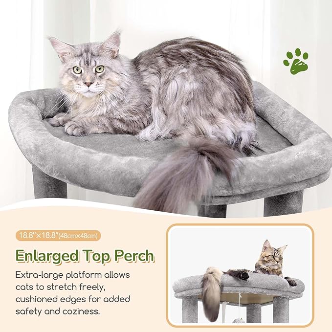 Globlazer Heavy Duty Cat Tree, 74in Sturdy Cat Tower for Large Cats Adult, Big Cat Tree with 7 Sisal Scratching Posts, 2 Padded Condos, 2 Dual-Ear Hanging Baskets, Enlarged Top Perch, S74, Light Grey
