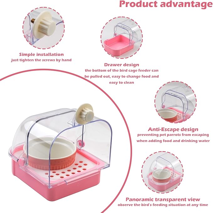 No Mess Bird Cage Feeder,2 in 1 Bird Feeder with Ceramic Bowl Parrot Bathtub with Bottom Drawer Hanging Shower Box for Birds Budgies Parakeet Small Parrot Cockatiels(Pink)