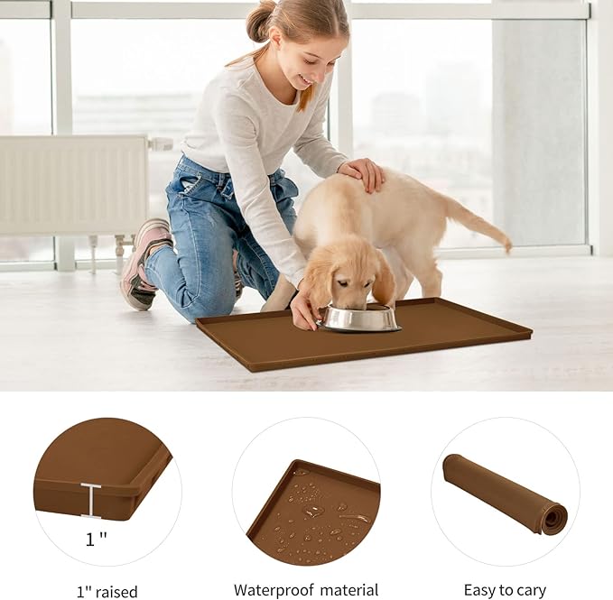 Dog Food Mat,Silicone Waterproof Food Tray,Non Slip Pet Bowl Mats Placemat,1" Raised Edge,Suitable for Most Small and Medium Sized Pets,32" x 24"