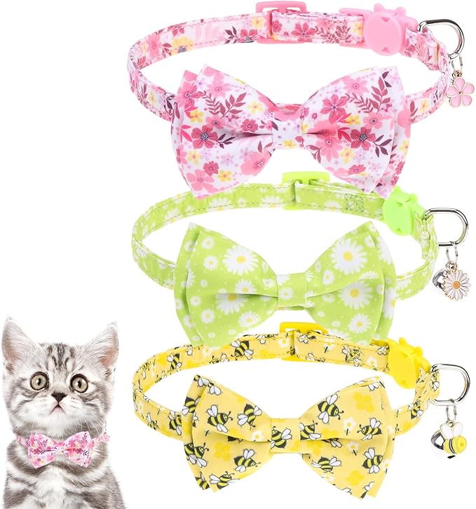KOOLTAIL Spring Cat Collar with Bow Tie and Bell - 3 Pack Cute Cat Collars Breakaway with Flower & Bee Pattern, Adjustable Fancy Kitten Collar with Safety Buckle for Girls Boys Kitty