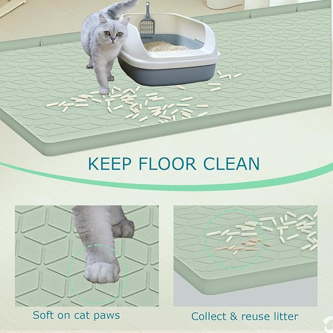 Cat Litter Mat, Silicone Large Cat Mat for Litter Box - 40x28 in, Waterproof & Non-Slip, Durable & Easy Clean, Green