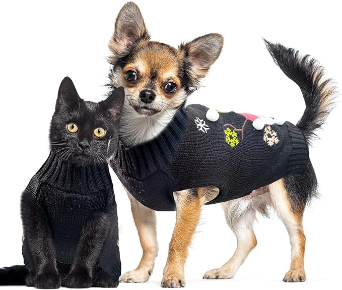 Christmas Dog Sweaters Xmas Pet Outfit Clothes Cute Black Snowman Costume Puppy Cat Knitted Jumpers (S,Black Snowman)