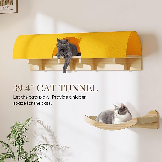 13-in-1 Cat Wall Shelves and Perches, Floating Cat Shelves, Solid Wood Wall Mounted Cat Furniture, Cat Climbing Shelves with Moon Hammock, House, Wall Ladder, Scratching Post and Cat Tunnel