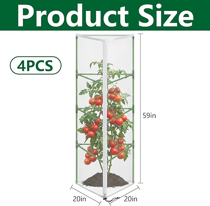 4 Pcs Garden Bird Netting for Triangle Plant Cage, 59" x 20" x 20" Tomato Cage Garden Net Cover with Zipper, Tomato Trellis Insect Bird Barrier Protection Mesh for Vertical Climbing Plant Vegetable