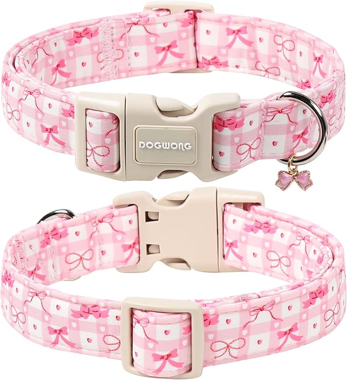 DOGWONG Pink Plaid Dog Collar-Cute Pink Bowtie Print Dog Collar, Adjustable Cotton Girl Female Pet Collar Pink Puppy Collars with Quick Release Buckle,XS