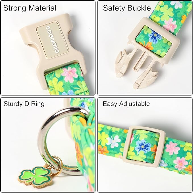 DOGWONG St. Patrick Dog Collar, Comfortable Adjustable Green Clover Pattern Dog Collar for Large Male Female Dogs,L