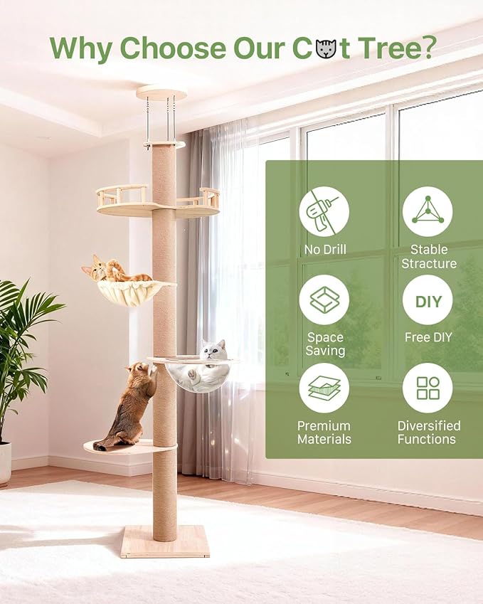 Floor to Ceiling Cat Tree, Adjustable Height (55-115in), 4 Level Tall Cat Tree Tower, Cats Activity Center with Scratching Post, Jump Platform, Hammock & Capsule, Space-Saving Design for Indoor Cats