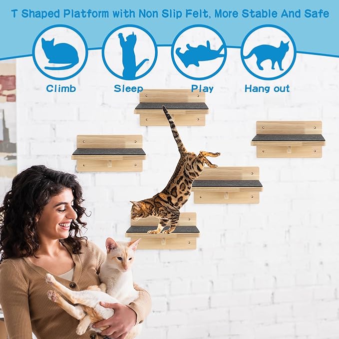 Lenwen Set of 6 Cat Wall Steps Shelf Shelves Wood Cat Climbing Shelves for Cat Mounted Furniture Cat Wall Bed Wood Cat Stairs with Non Slip Felt for Springboard Playing(Classic)