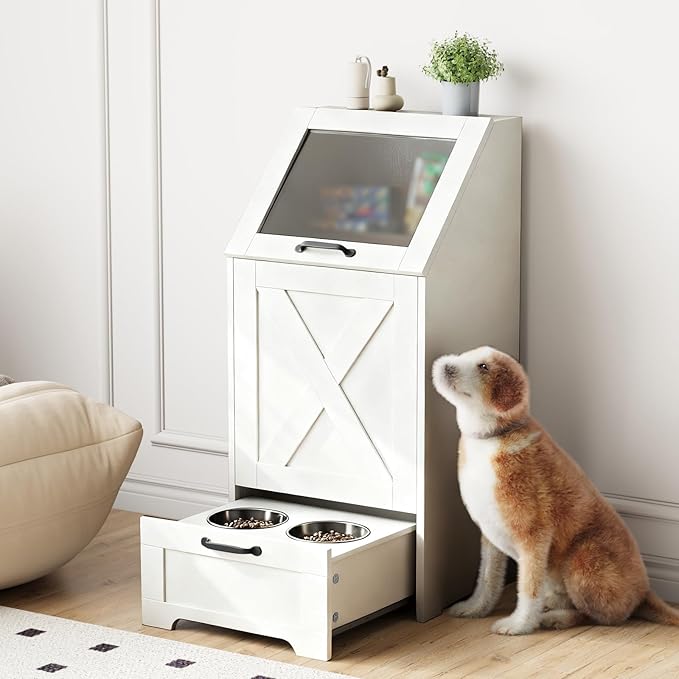 Dog Feeding Station with Storage Cabinet and 2 Elevated Dog Bowls, Hidden Pet Food Storage Organizer for Dog &Cat,Modern Dogs Furniture (White)