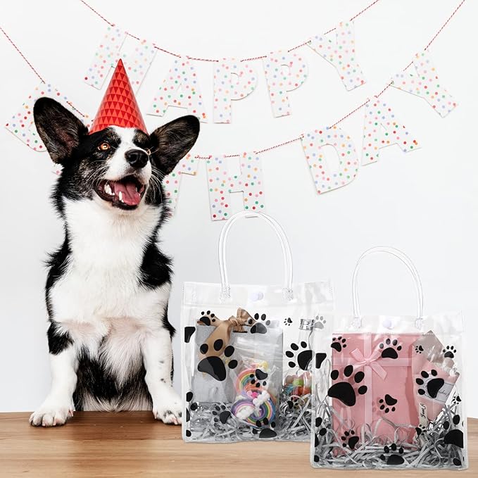 Teling 20 Packs Dog Paw Clear PVC Gift Bags with Handle Reusable Plastic Wrap Tote Bags Transparent for Puppy Pet Treat Party Favor Birthday Wedding Party, 8 x 8 x 3.15 Inch(Black)