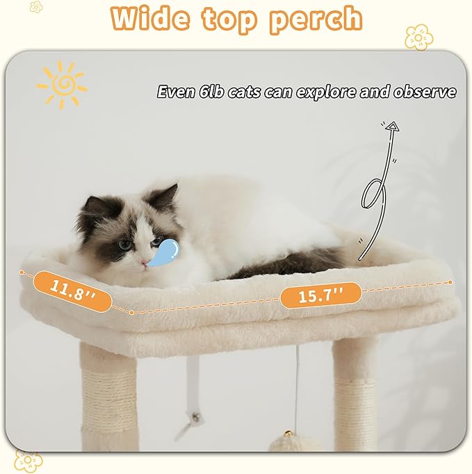 Heybly Cat Tree, Kitten Tower with Large Soft Cat Basket, Cat Condo with Spacious Cat Bed Cave with Hidden Space, Sisal-Covered Scratching Posts, Dangling Ball for Indoor Cats, Beige HCT008SM