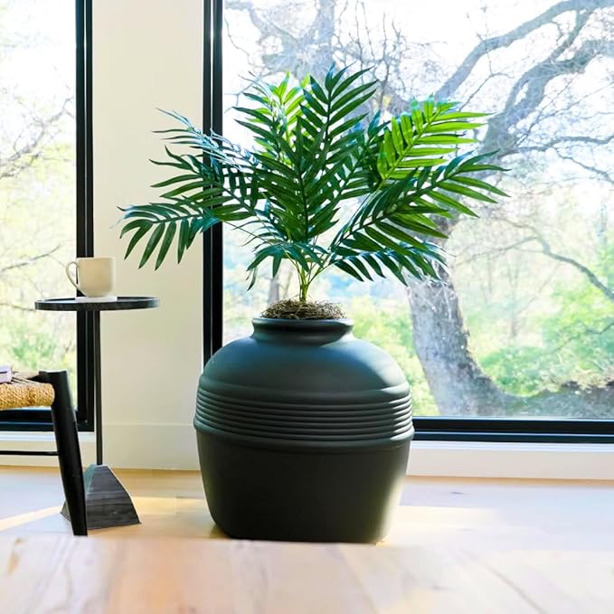 Good Pet Stuff Hidden Litter Box Planter, Decorative Cat Litter Enclosure with Carbon Filter, Artificial Plant, Easy Clean, Improved Design, Round Style, Base Kit, Matte Black