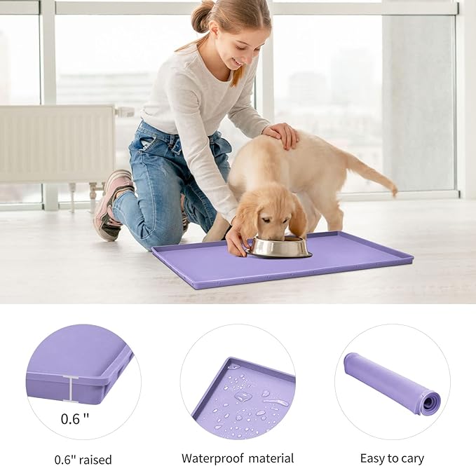 Dog Food Mat,Silicone Waterproof Food Tray,Non Slip Pet Bowl Mats Placemat,0.6" Raised Edge,Suitable for Most Small and Medium Sized Pets,18.5" x 11.5"