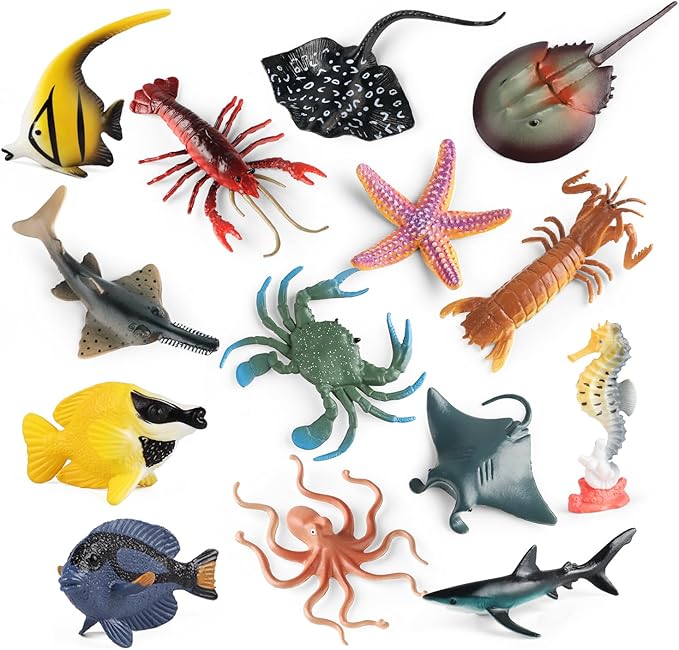 Sea Animals Toys Figures 21Pcs, Plastic Marine Creature Shark Fish Starfish Crab Lobster Octopus Seahorse Coral Jellyfish Ocean Life for Kids Birthday Party Favor Cake Decoration