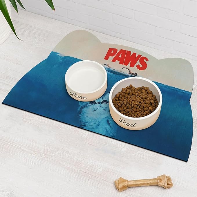 Cat Food Mat - Pet Feeding Mat for Floor, Non-Slip, Waterproof, Super Absorbent, Easy to Clean, Blue, Cat, Dog 12.2''x19.7''