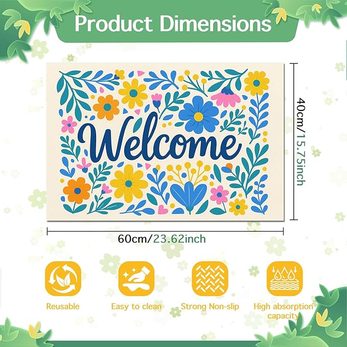 Spring Pet Feeding Mat 24" x 16" Colorful Welcome Floral Design Non Slip Dog and Cat Bowl Mat Easy Clean Pet Food Mats Fast Dry Cat Feeding Mats for Indoor Cats Absorbable Pet Food Pad