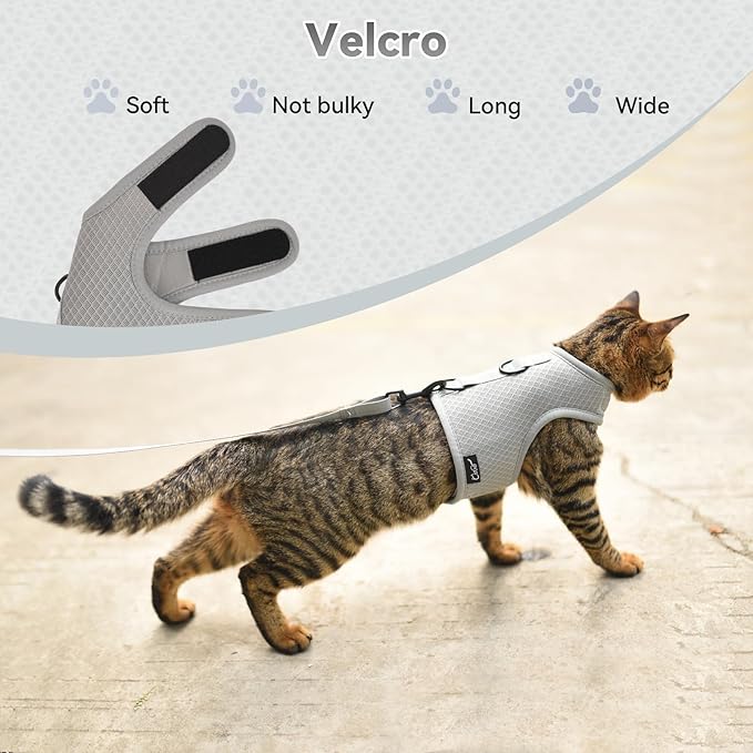 Cat Harness and Leash for Walking Escape Proof Breathable Mesh Fabric, Solid Grey, Medium, Adjustable Cat Walking Jackets, Padded Stylish Cat Vest