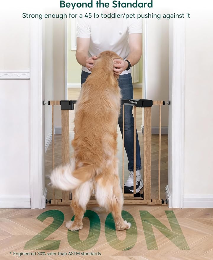 Mom's Choice Award Winner-BABELIO 26-40" Metal Baby Gate with Wood Pattern, PressGuard C5 Easy Install Pressure Mounted Dog Gate for Stairs and Doorways, with Wall Protectors and Extension Kits