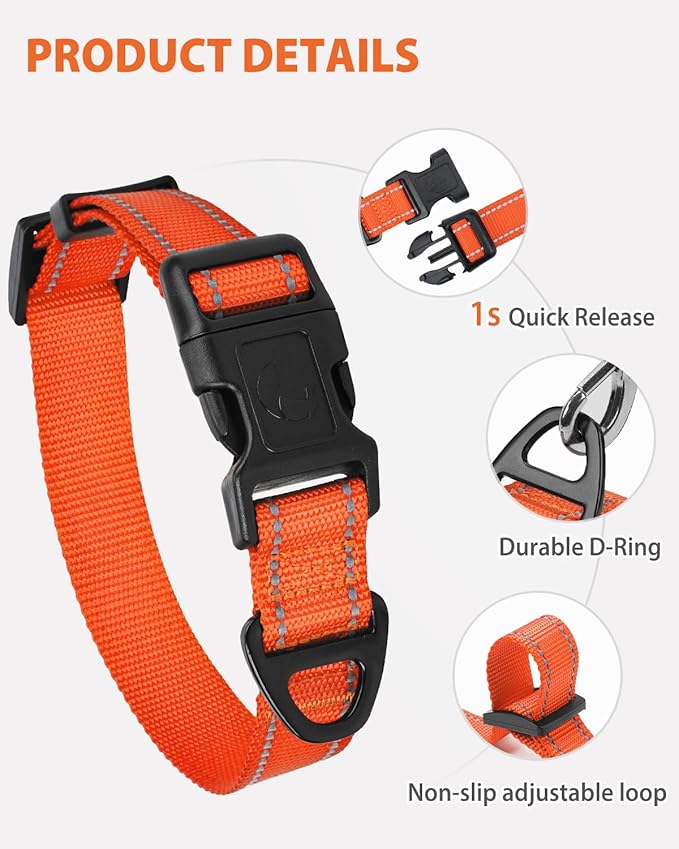Joytale Small Dog Collar, Reflective and Adjustable Nylon Collar with Quick-Release Buckle, Lightweight No-Choke Design for Small Dogs, Orange, 3/4" Width