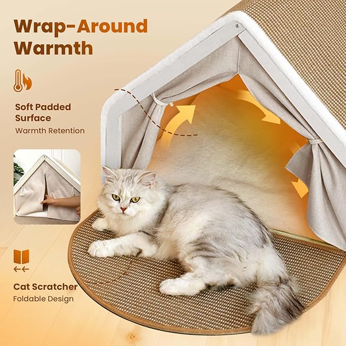 Cat Houses for Indoor Cats - 4 Seasons Cat Bed Cave with Natural Sisal Cat Scratcher Mat, Solid Wood Frame Cat House with Curtains and Cat Floor Scratching Pad Rug, Protect Couch and Carpets, M
