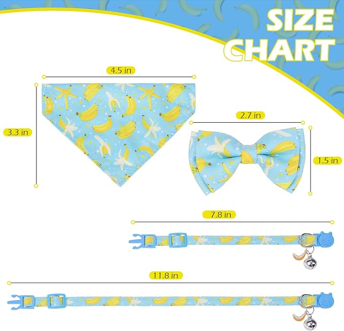 EXPAWLORER Cute Cat Collar Breakaway with Bells - 2 Pack Fruit Adjustable Pet Collar with Removable Bow Tie and Bandana, Safety Buckle for Girl Boy Cats Kitten, Banana