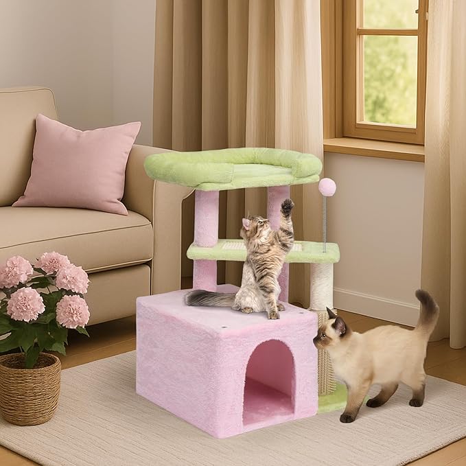 VINGLI Cat Tree, 27 inch Small Cat Tower with Scratching Post and Pad, Cat Condo for Indoor Kittens Padded Top Bed, Cats Indoor Activity Center (Pink & Green)